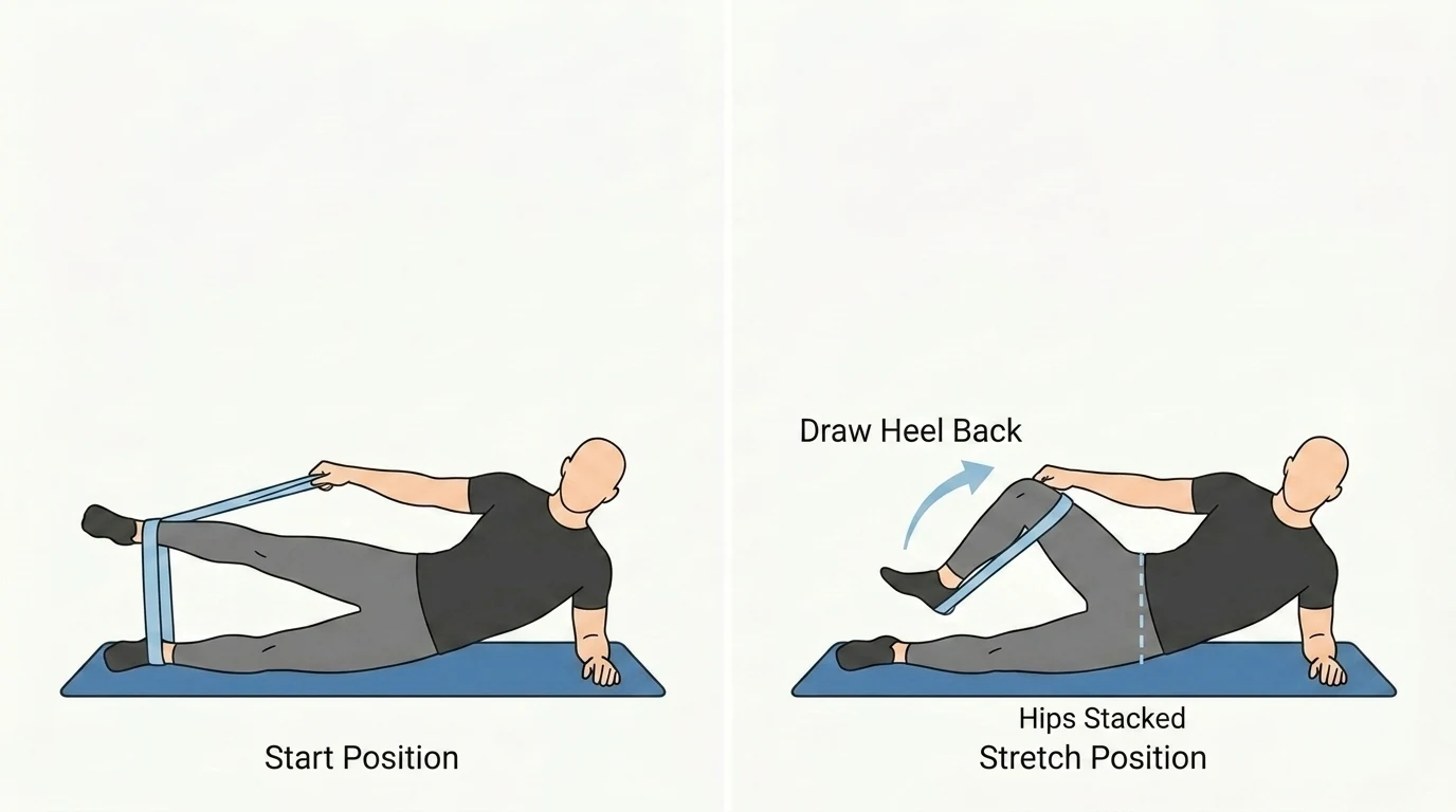 Two-step infographic showing a side-lying quadriceps stretch using a resistance band.