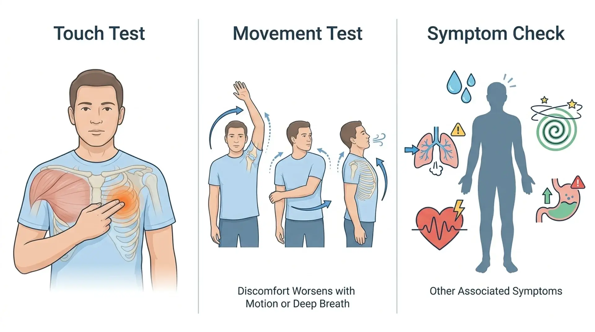 Infographic showing chest pain checks with touch, movement, and symptom warning signs.