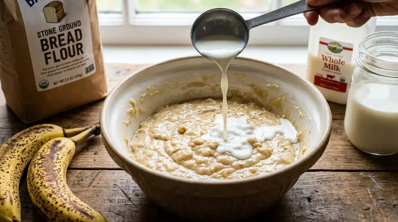 Milk being added to banana bread batter made with bread flour, with ripe bananas and milk on a wooden table.