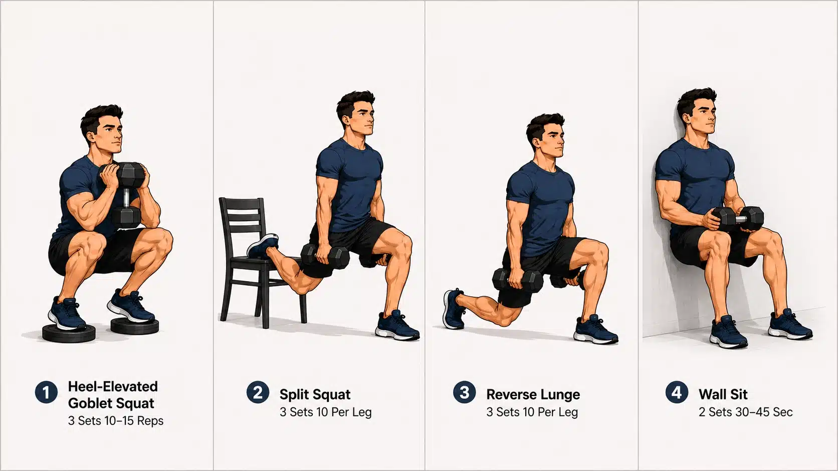 At-home dumbbell quad workout featuring heel-elevated squats, split squats, reverse lunges, and wall sits.