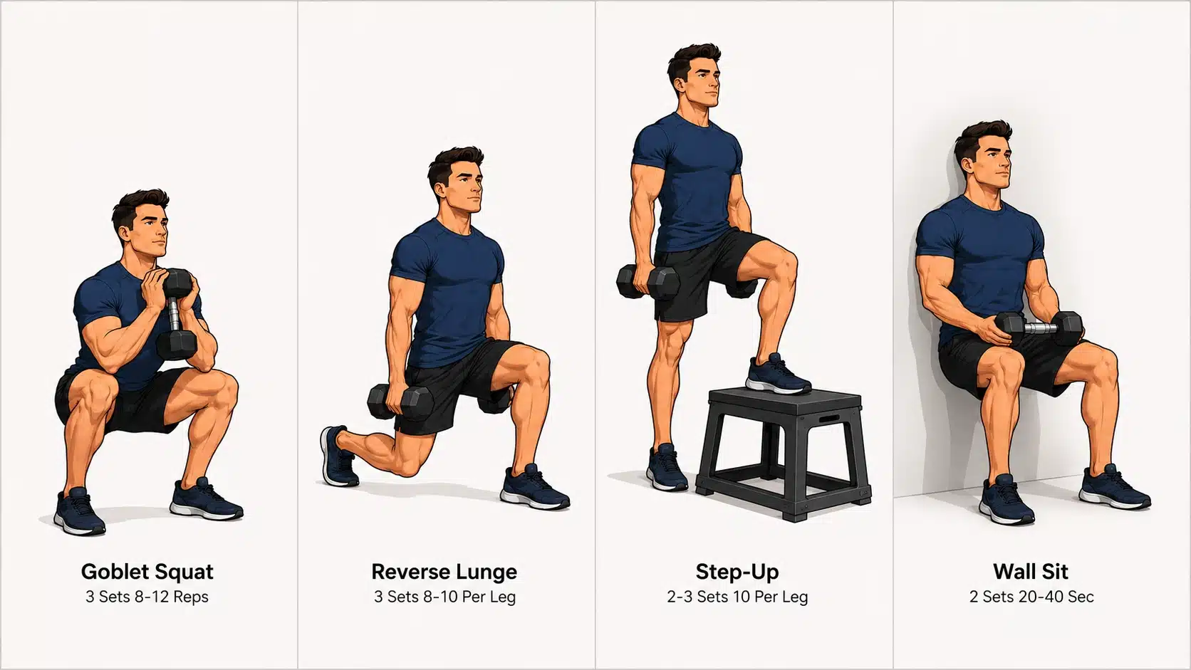 Beginner dumbbell quad workout featuring goblet squats, reverse lunges, step-ups, and wall sits.