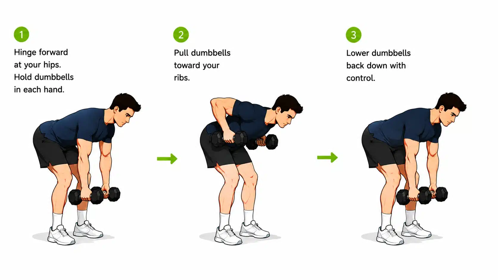 Cartoon man performing bent over dumbbell row with proper back position and rowing motion