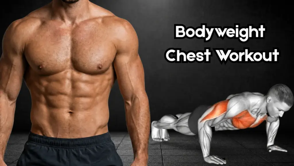 Bodyweight chest workout showing push-up exercise and targeted chest muscles.