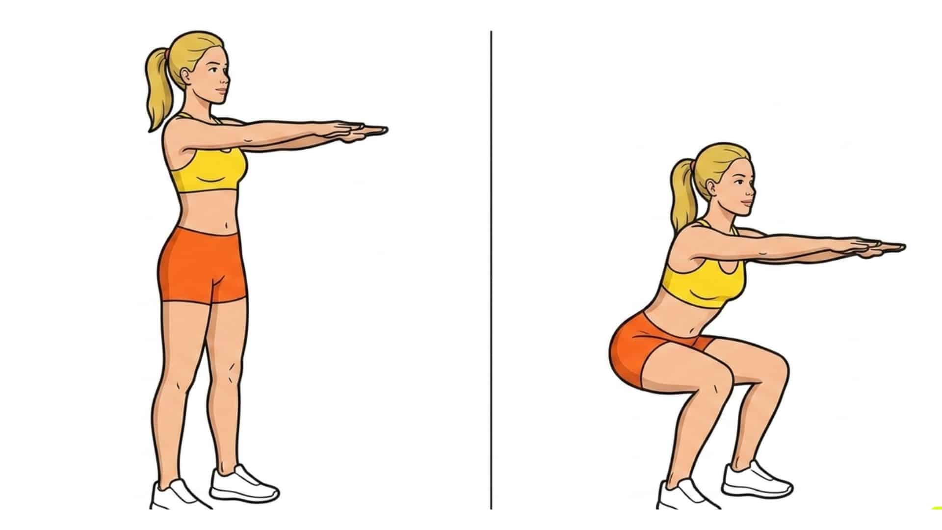 Bodyweight squat exercise showing standing and lowered squat positions