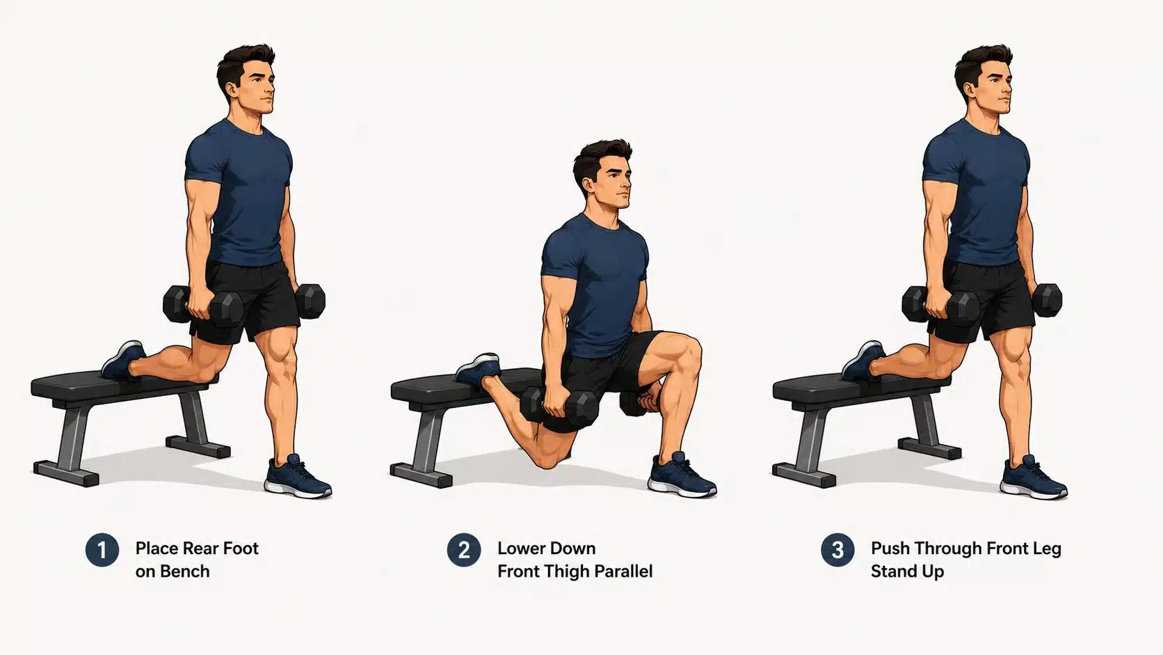 Man performing a Bulgarian split squat with his rear foot elevated on a bench and dumbbells at his sides.