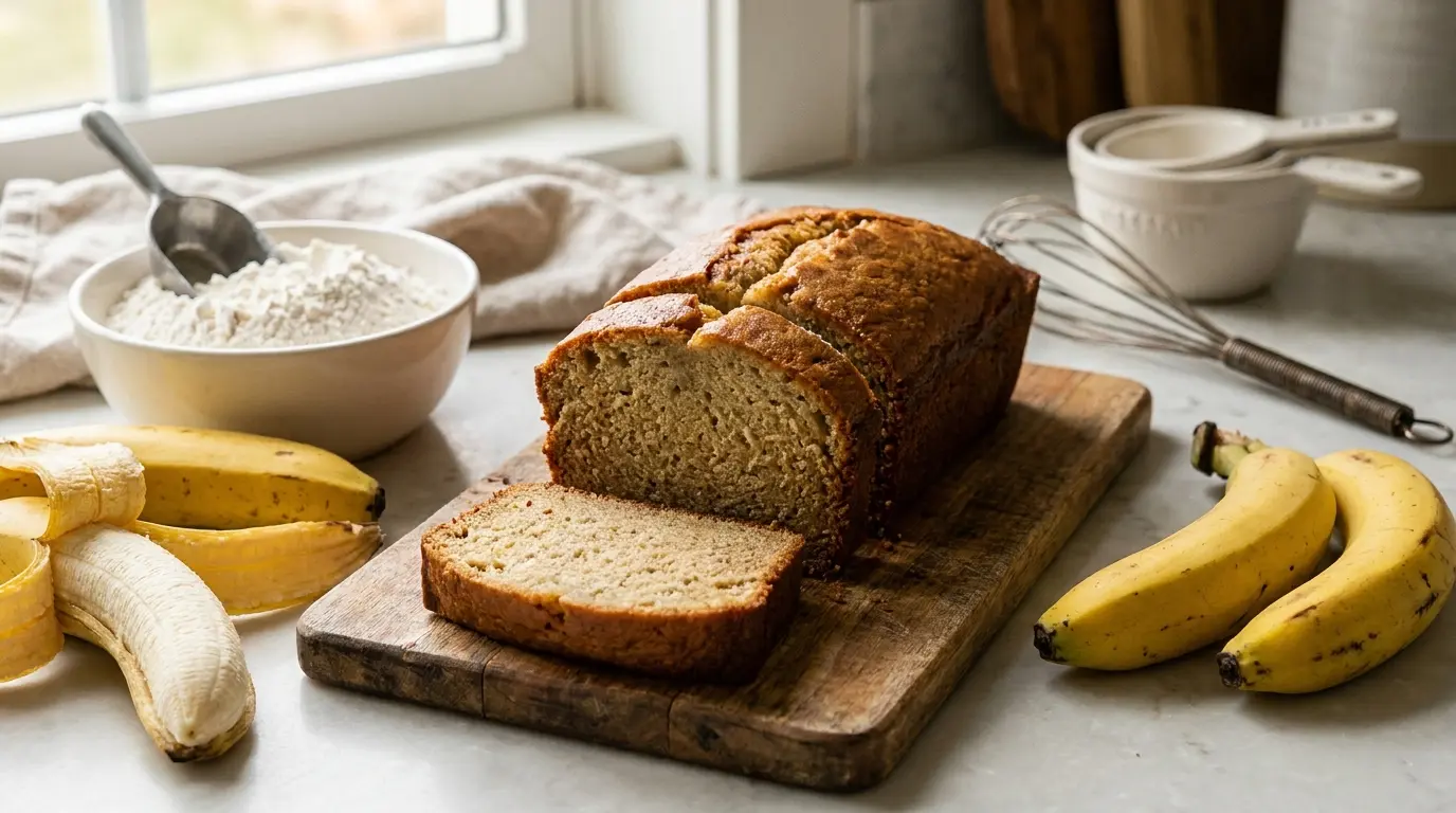 Sliced banana bread made with bread flour on a wooden board, surrounded by ripe bananas, flour, and baking tools.