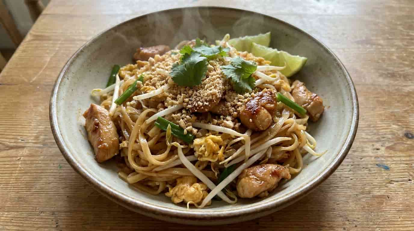 Chicken Pad Thai with sliced chicken, rice noodles, egg, bean sprouts, peanuts, lime, and green onions.