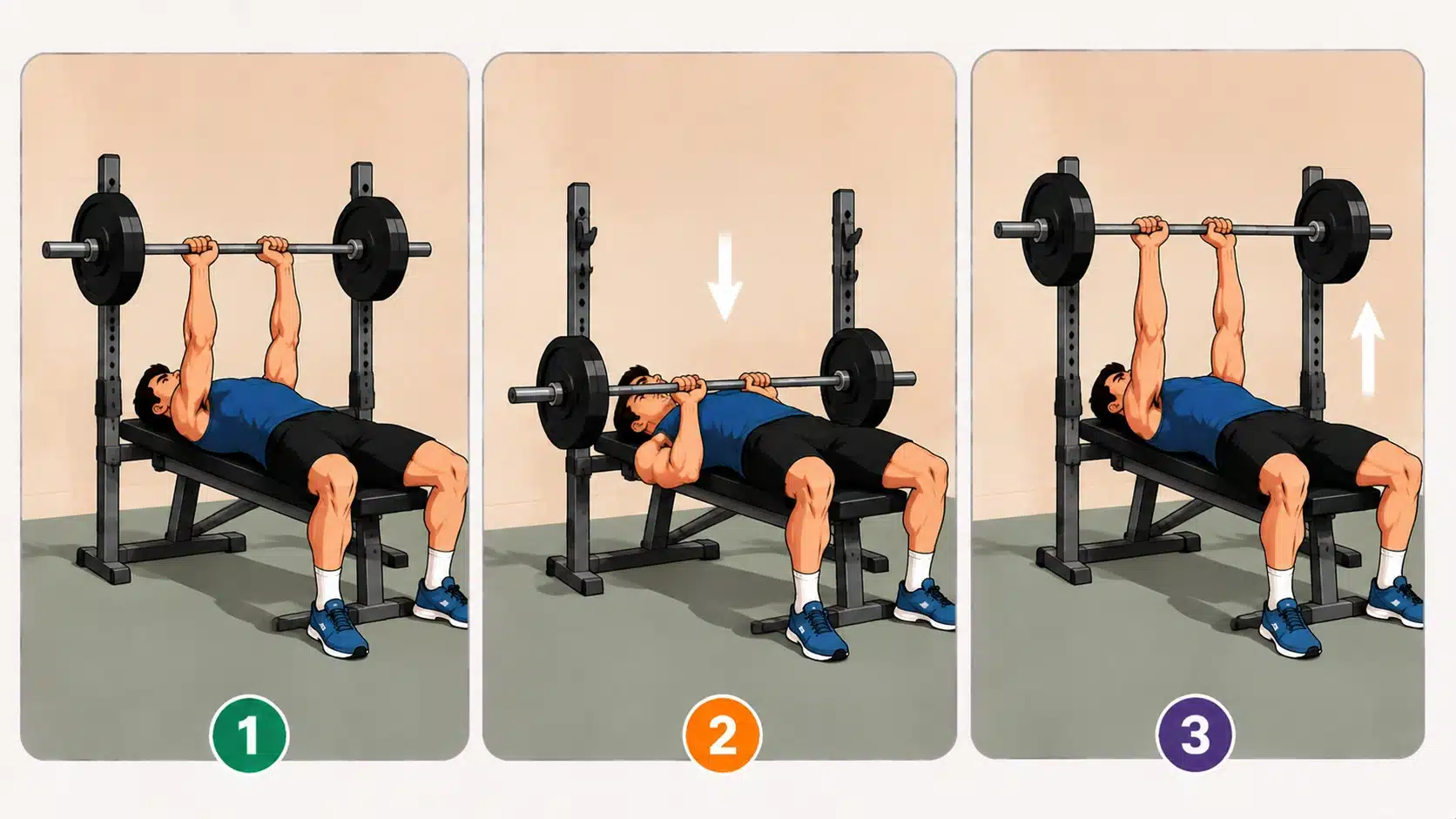 Close-grip bench press steps showing proper barbell form from lowering the weight to pressing it back up.