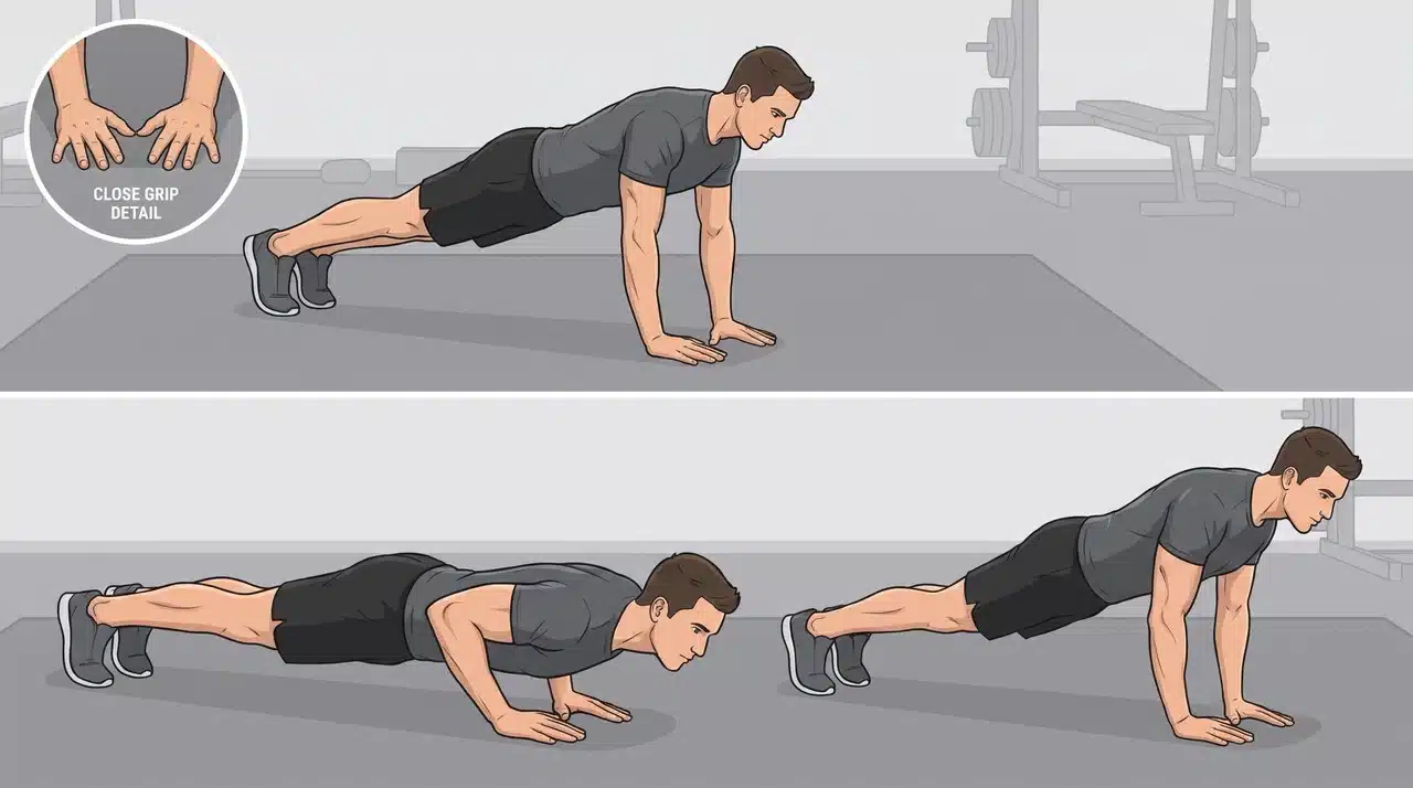 Three-panel illustration showing how to perform a close-grip pushup