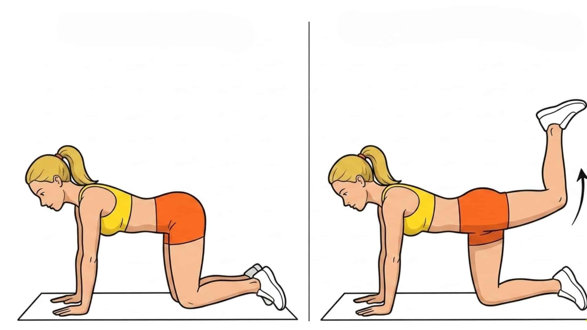 Donkey kicks exercise showing starting and raised leg positions for glute activation