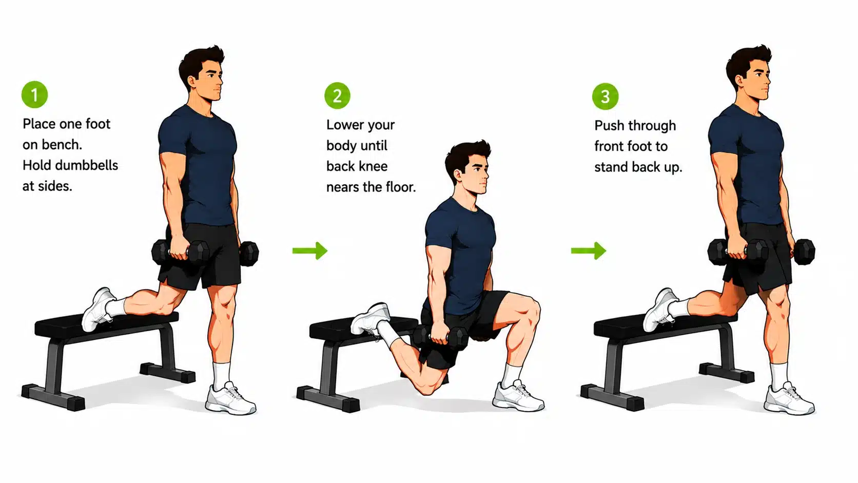 Cartoon man performing dumbbell Bulgarian split squat with one foot on a bench and controlled movement.