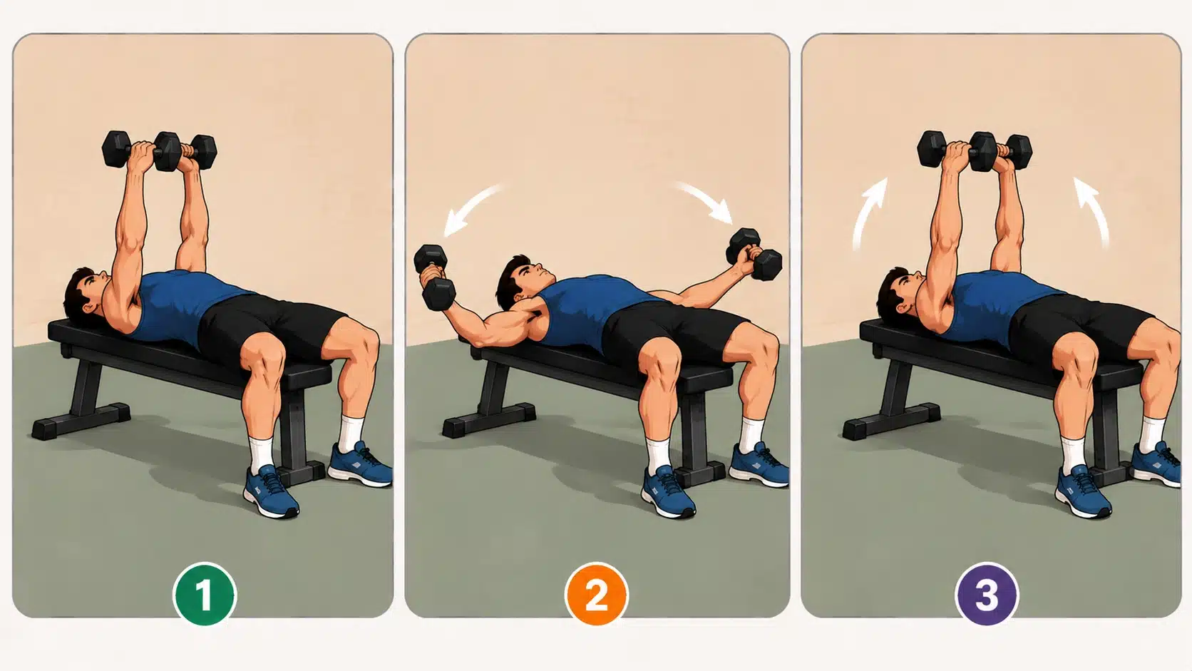 Dumbbell chest fly steps showing proper form from the starting position to opening the arms and squeezing the chest back together.