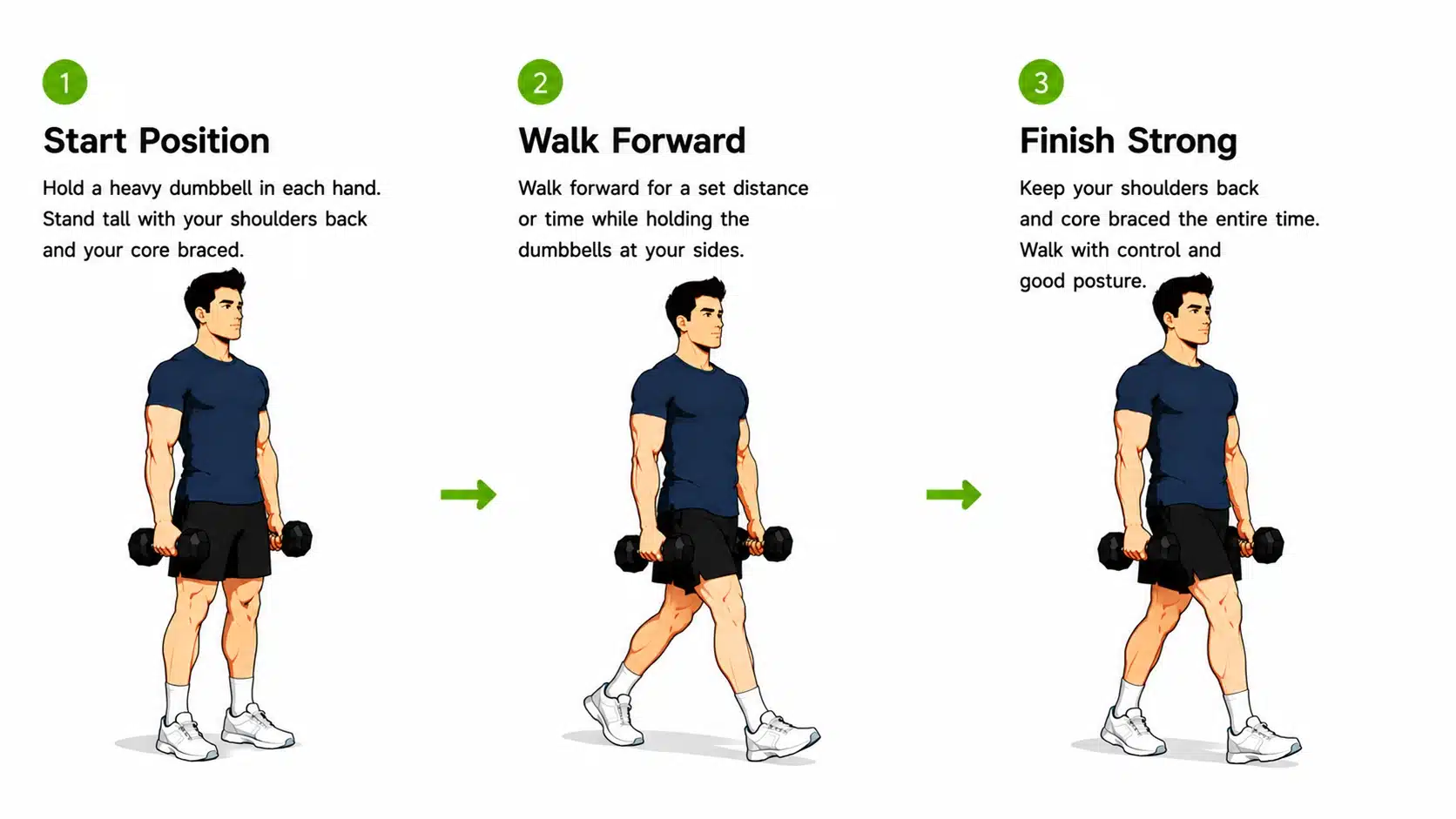 Cartoon man demonstrating dumbbell farmer’s carry while walking with weights at his sides
