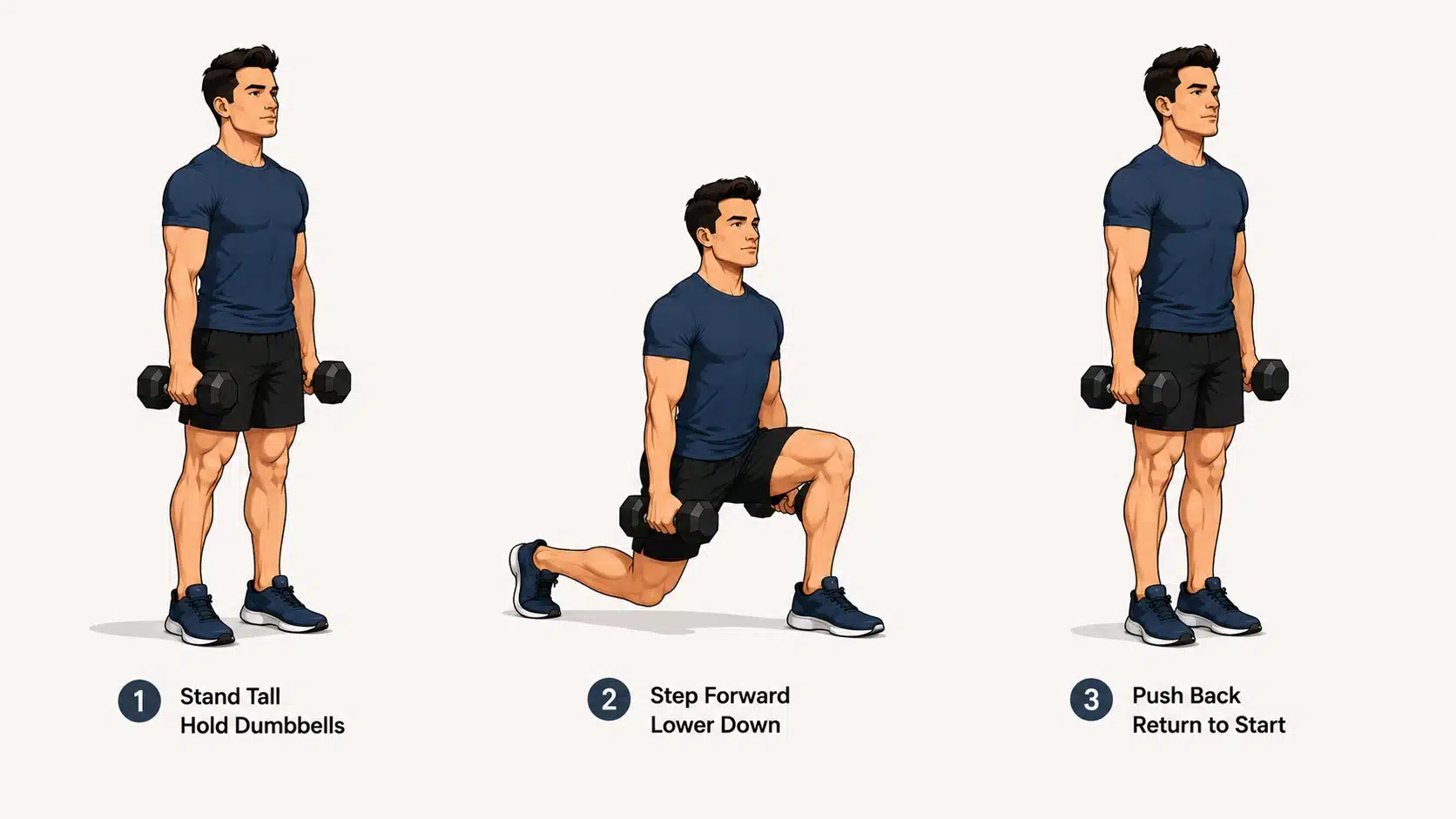 Man performing a dumbbell forward lunge with weights at his sides and front knee bent.