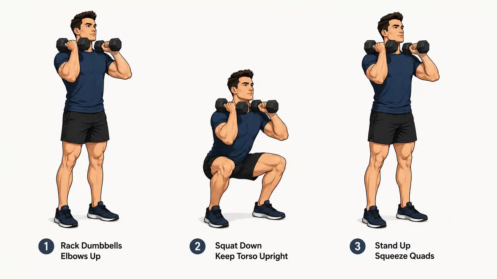 Man performing a dumbbell front squat with two dumbbells held at shoulder height.