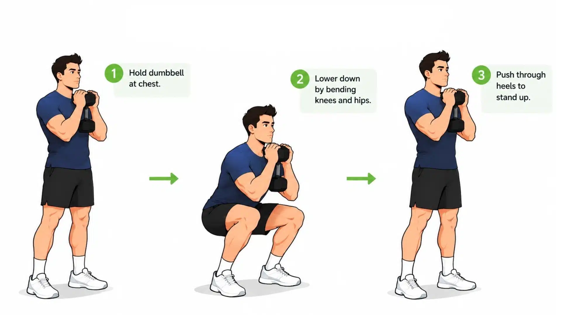 Cartoon man demonstrating dumbbell goblet squat steps with proper squat form and dumbbell position