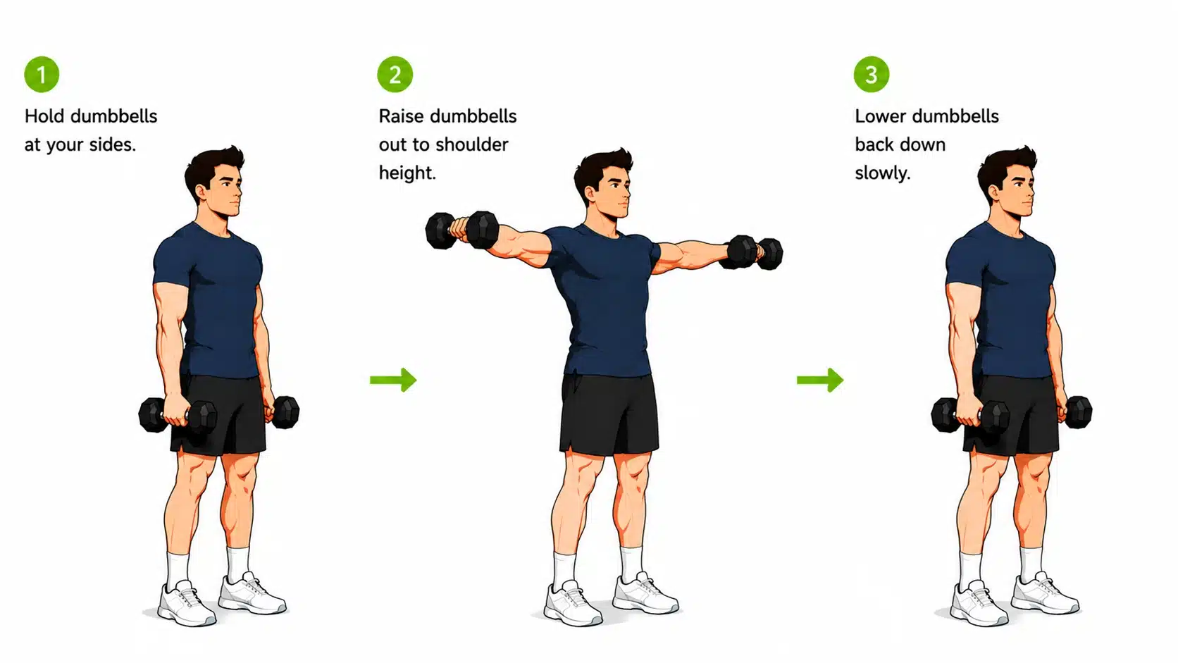 Cartoon man showing dumbbell lateral raise with arms lifting weights to shoulder height