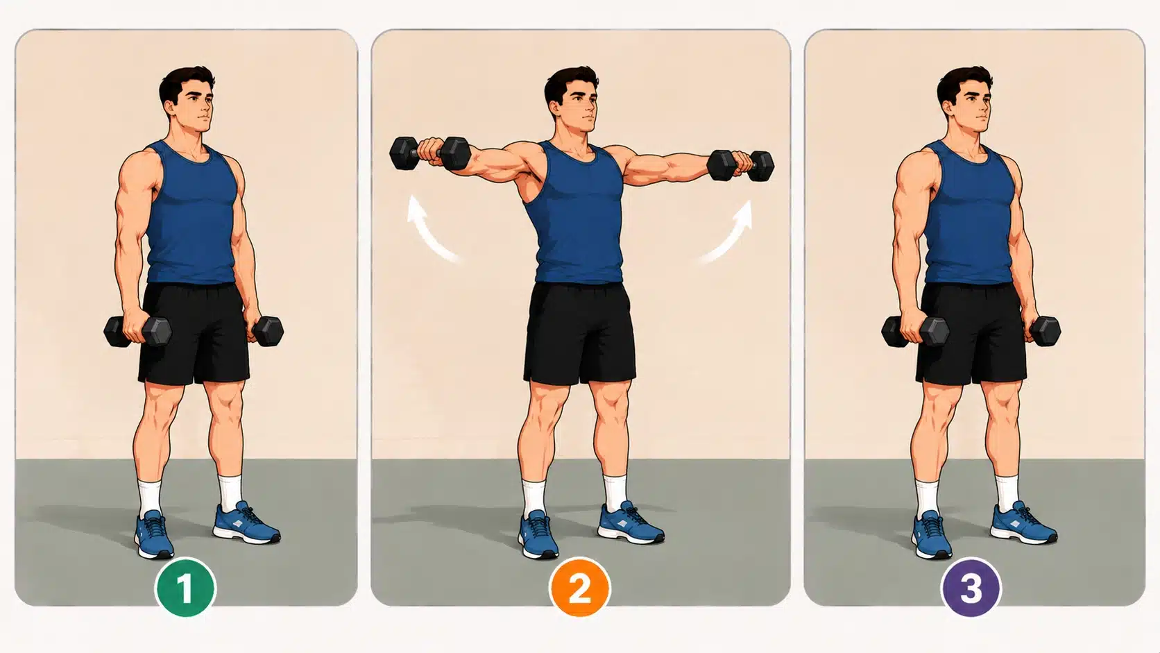 Dumbbell lateral raises steps showing proper form from holding weights at sides to lifting arms to shoulder height.
