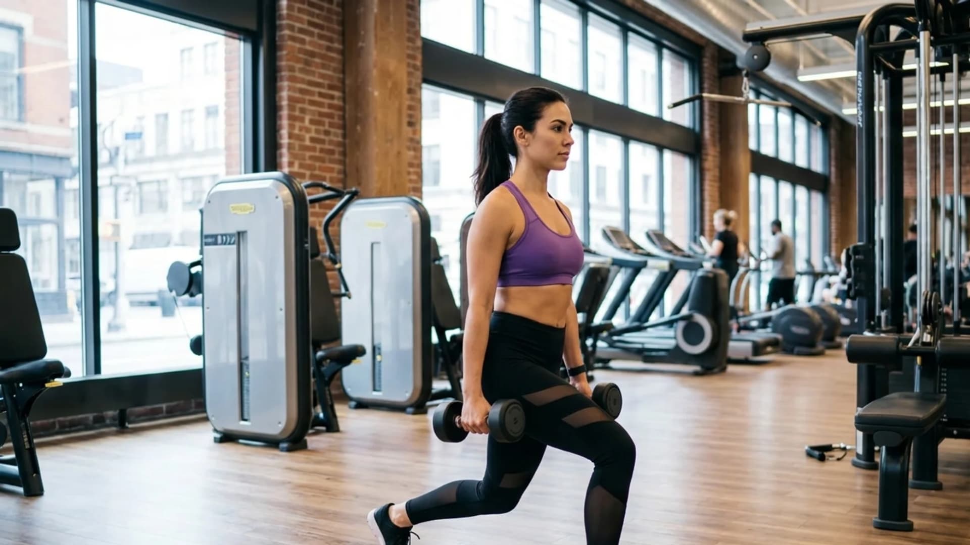 A woman in a gym performing a dumbbell walking lunge with gym equipment and large windows in the background.