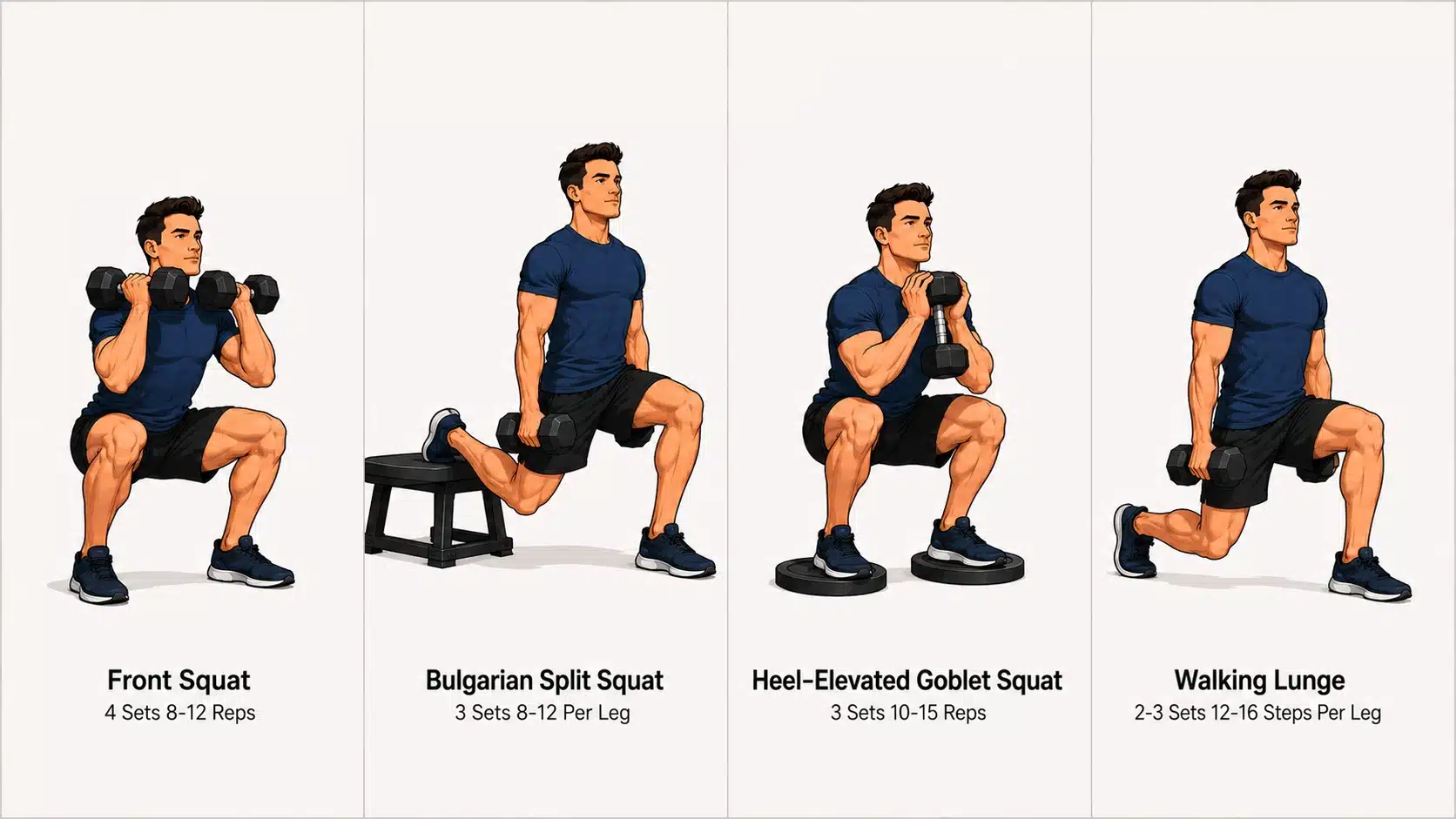 Dumbbell quad muscle-building workout featuring front squats, Bulgarian split squats, and walking lunges.