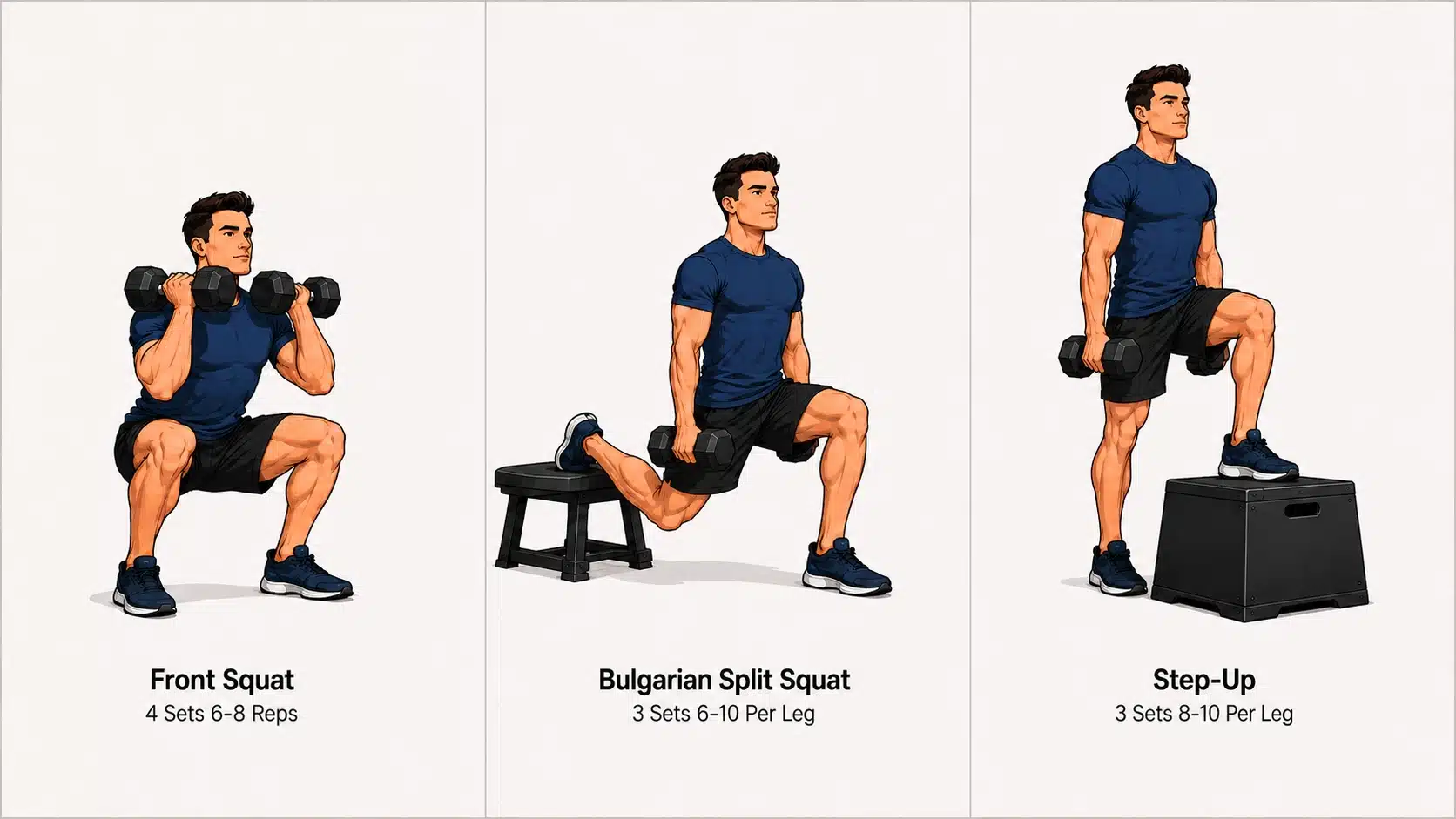 Strength-focused dumbbell quad workout using front squats, Bulgarian split squats, and weighted step-ups.
