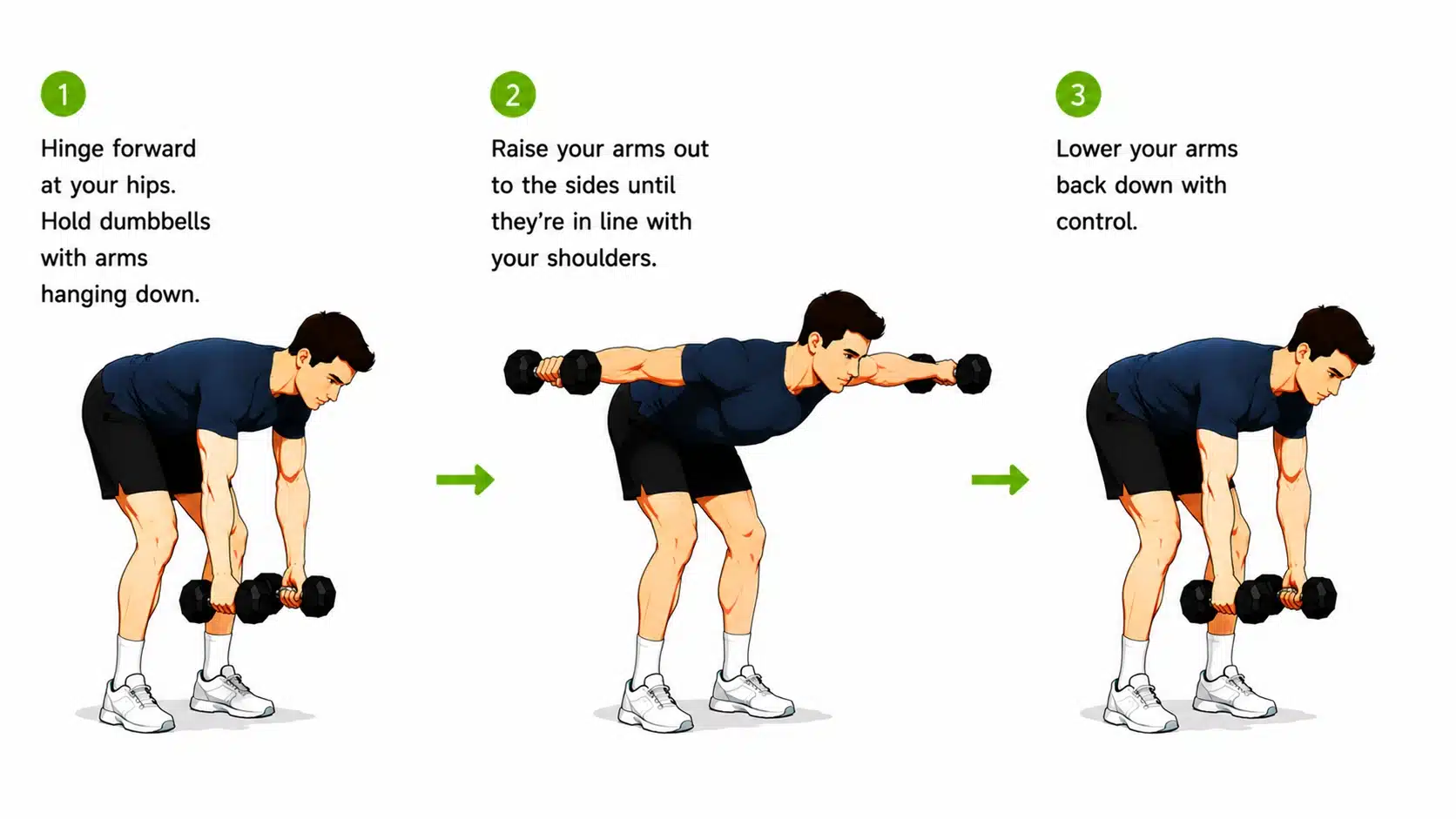 Cartoon man performing dumbbell reverse fly with arms raised sideways while hinging forward