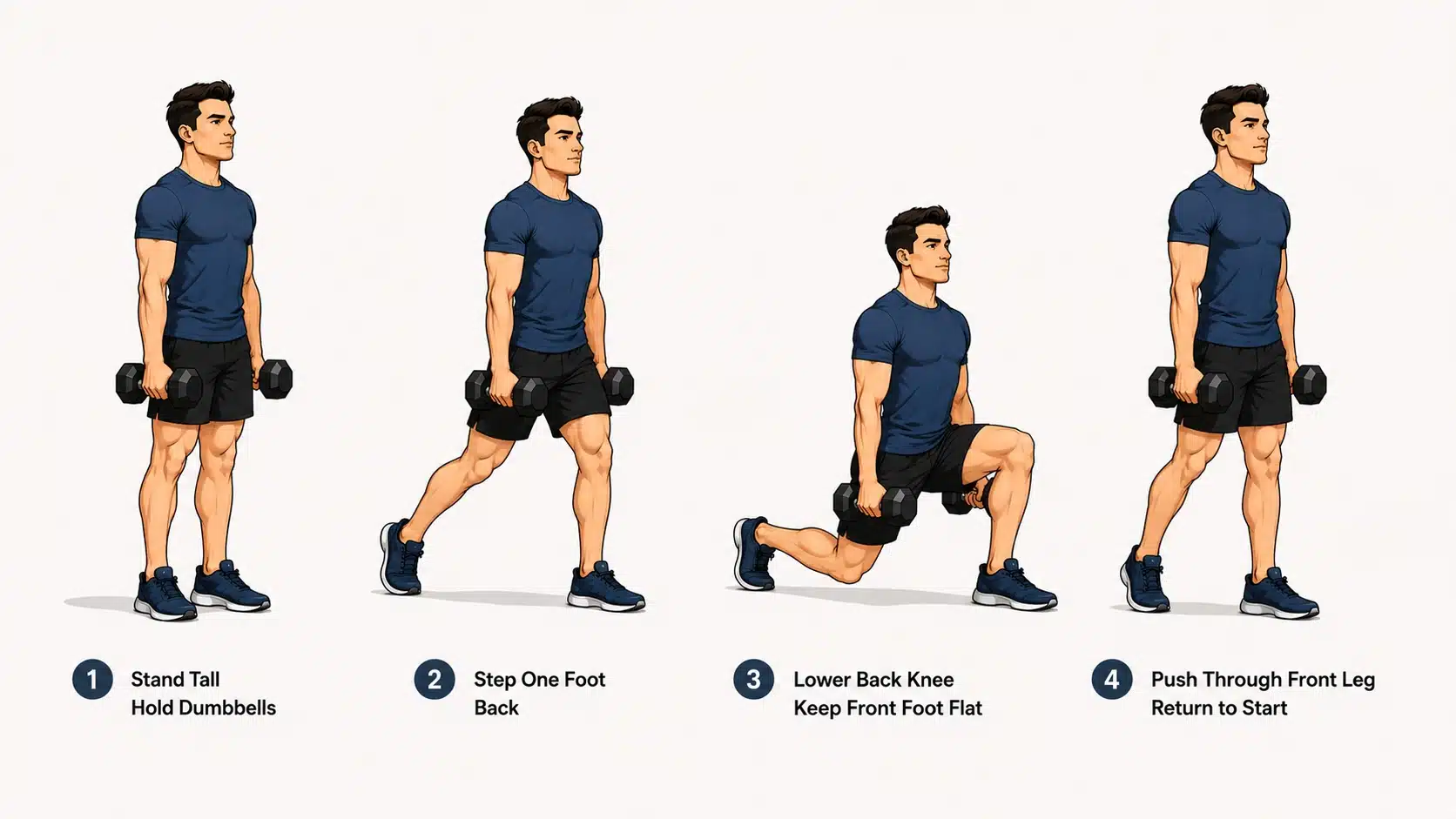 Man performing a dumbbell reverse lunge by stepping one leg backward while holding two dumbbells.