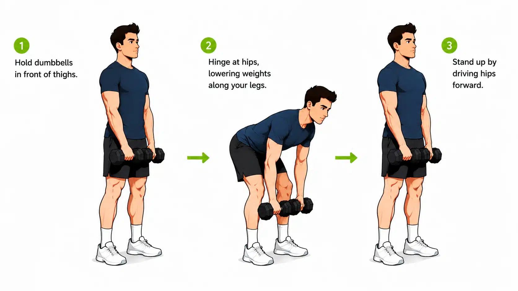 Cartoon man performing dumbbell Romanian deadlift with hip hinge movement and weights near legs