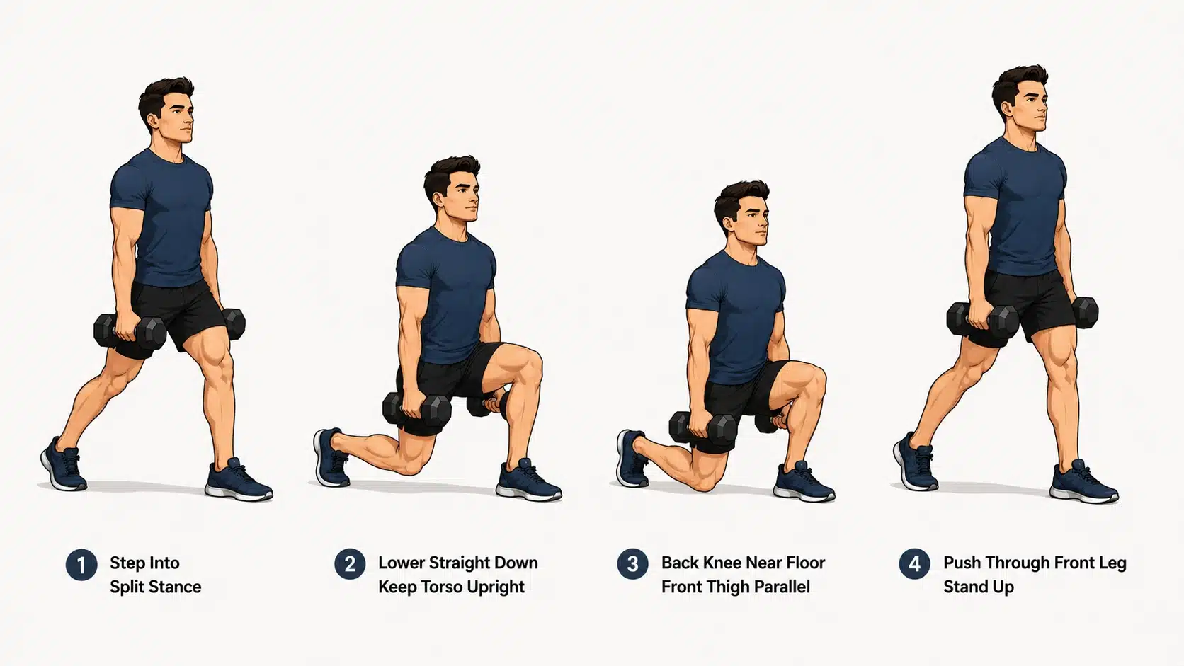 Man performing a dumbbell split squat in a staggered stance while holding weights at his sides.