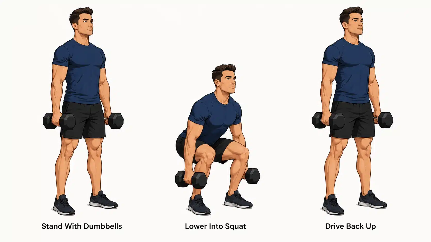 Man performing a dumbbell squat with weights held at his sides to strengthen the quads.