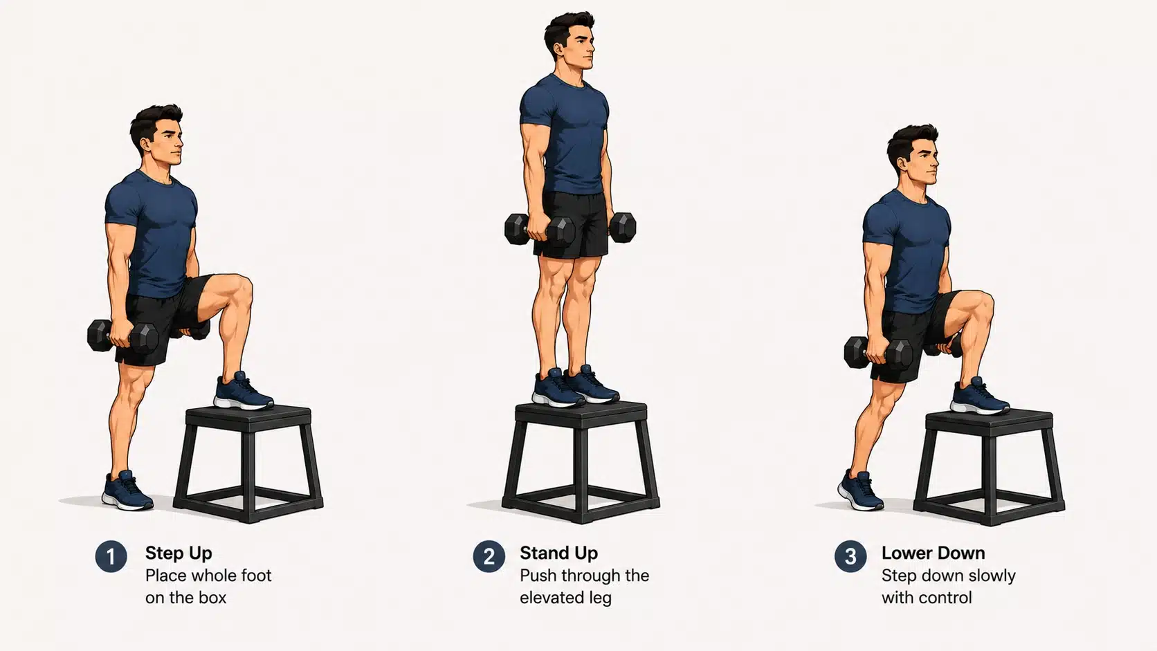 Man performing a dumbbell step-up onto a stable bench while driving through the elevated leg.