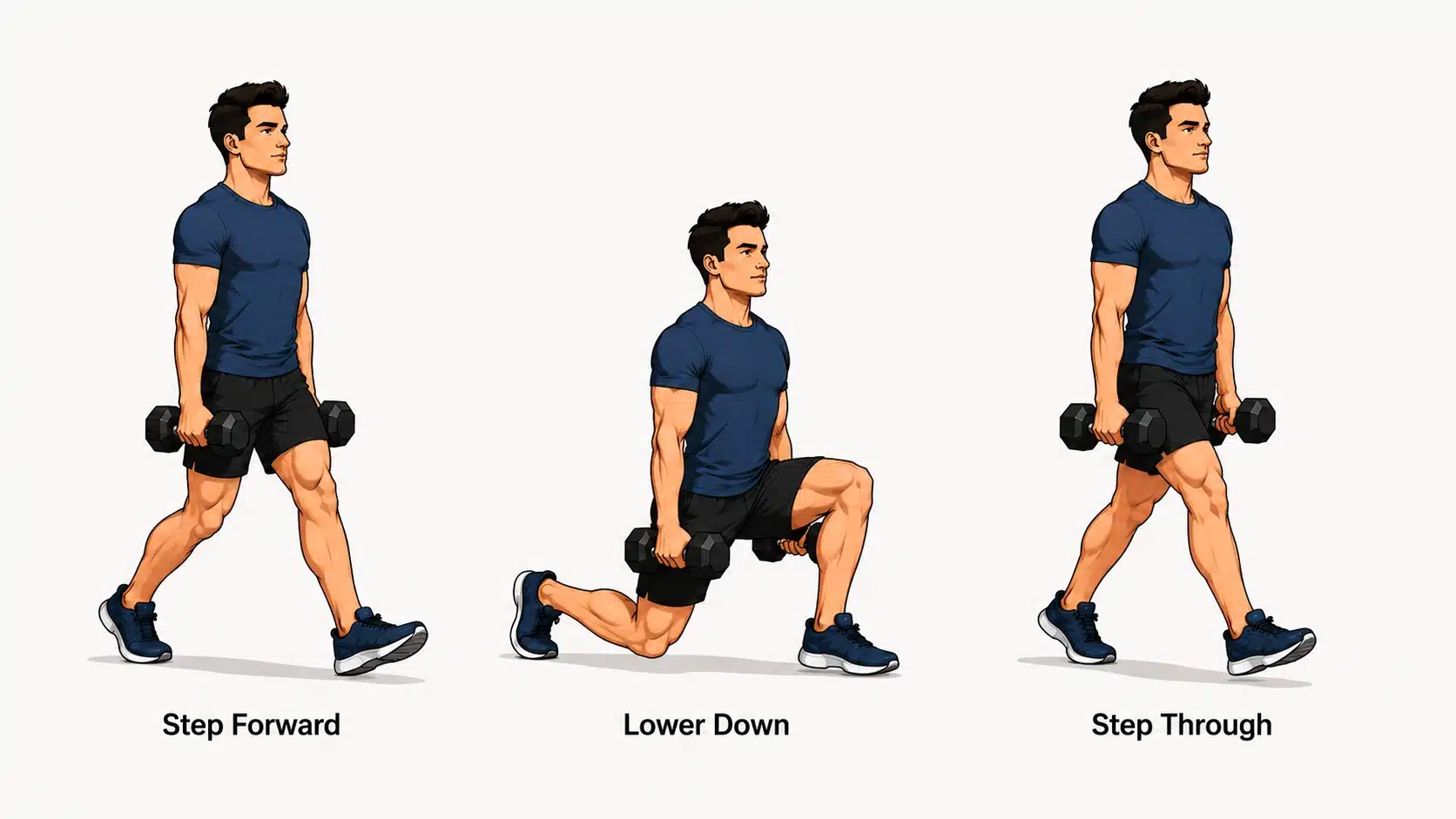 Man performing walking lunges with dumbbells while maintaining an upright torso and controlled stride.