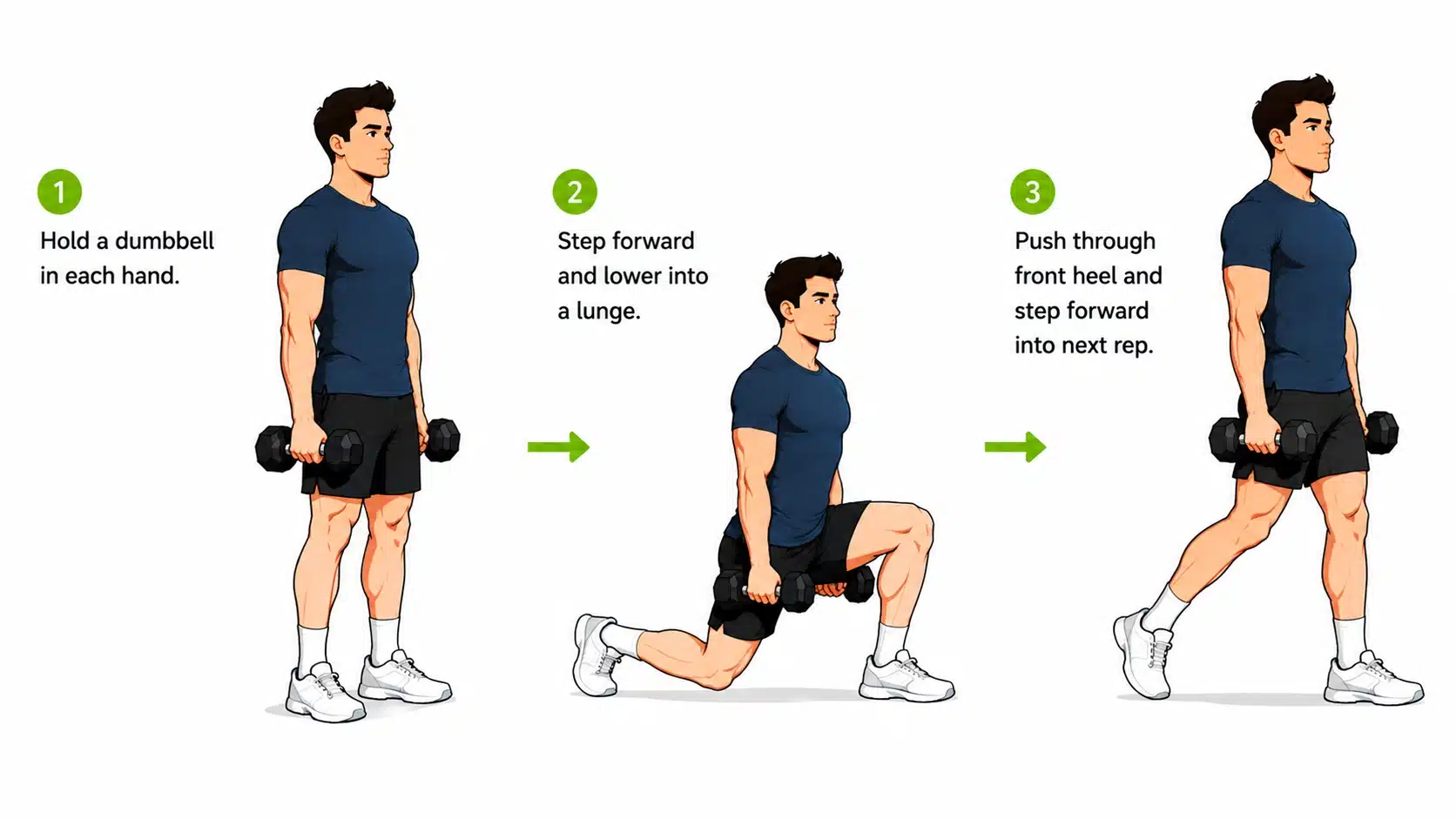 Cartoon man showing dumbbell walking lunge steps with forward movement and controlled lower body form