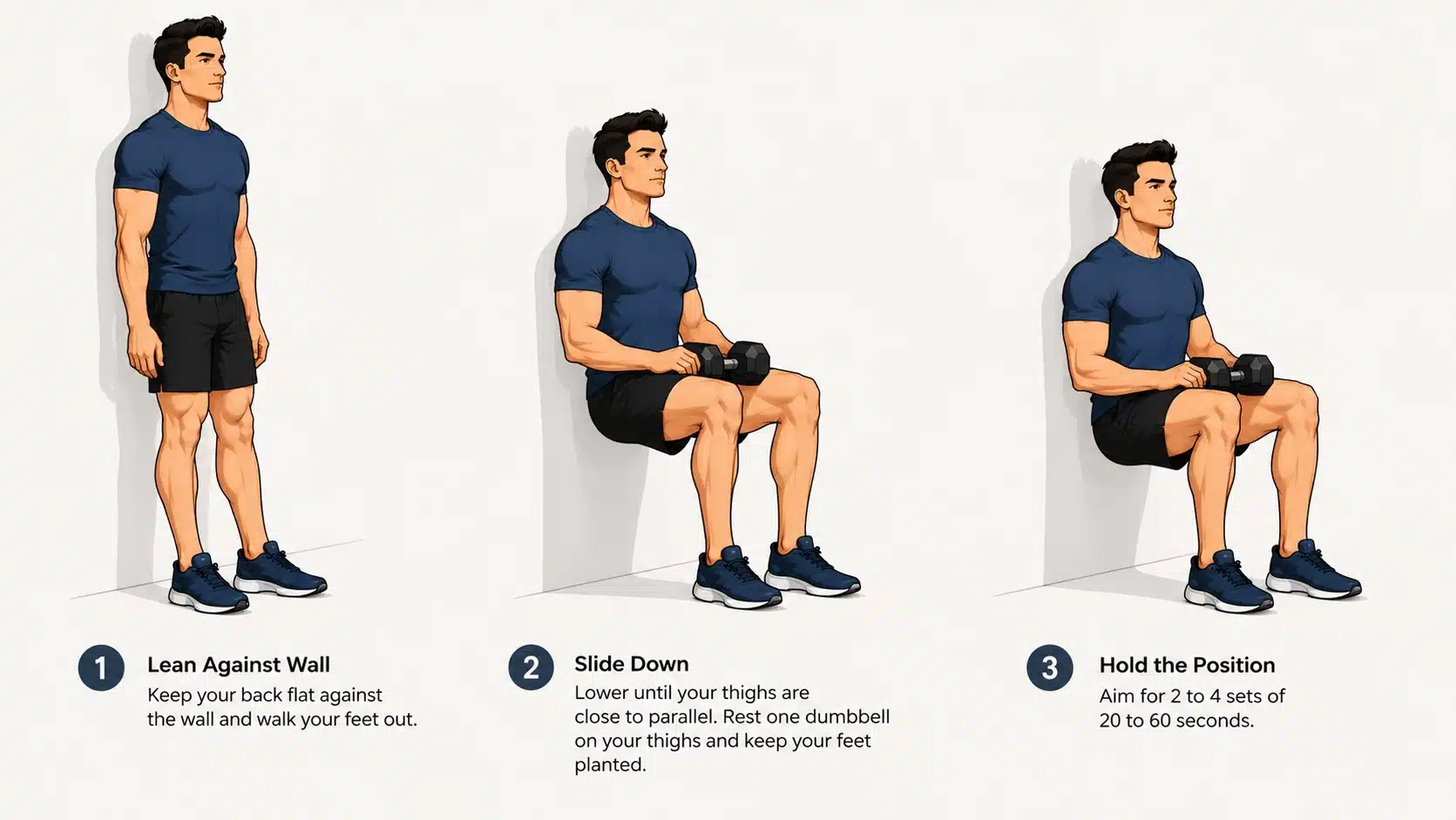 Man holding a dumbbell wall sit with his back against the wall and thighs close to parallel.