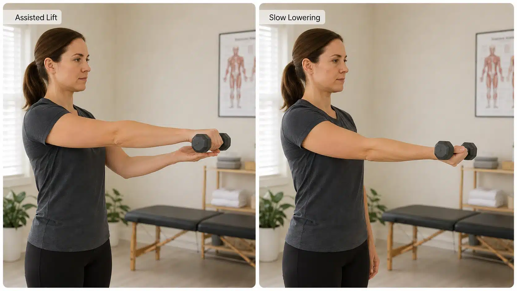Patient performing eccentric wrist extension exercise with a dumbbell for tennis elbow tendon recovery.