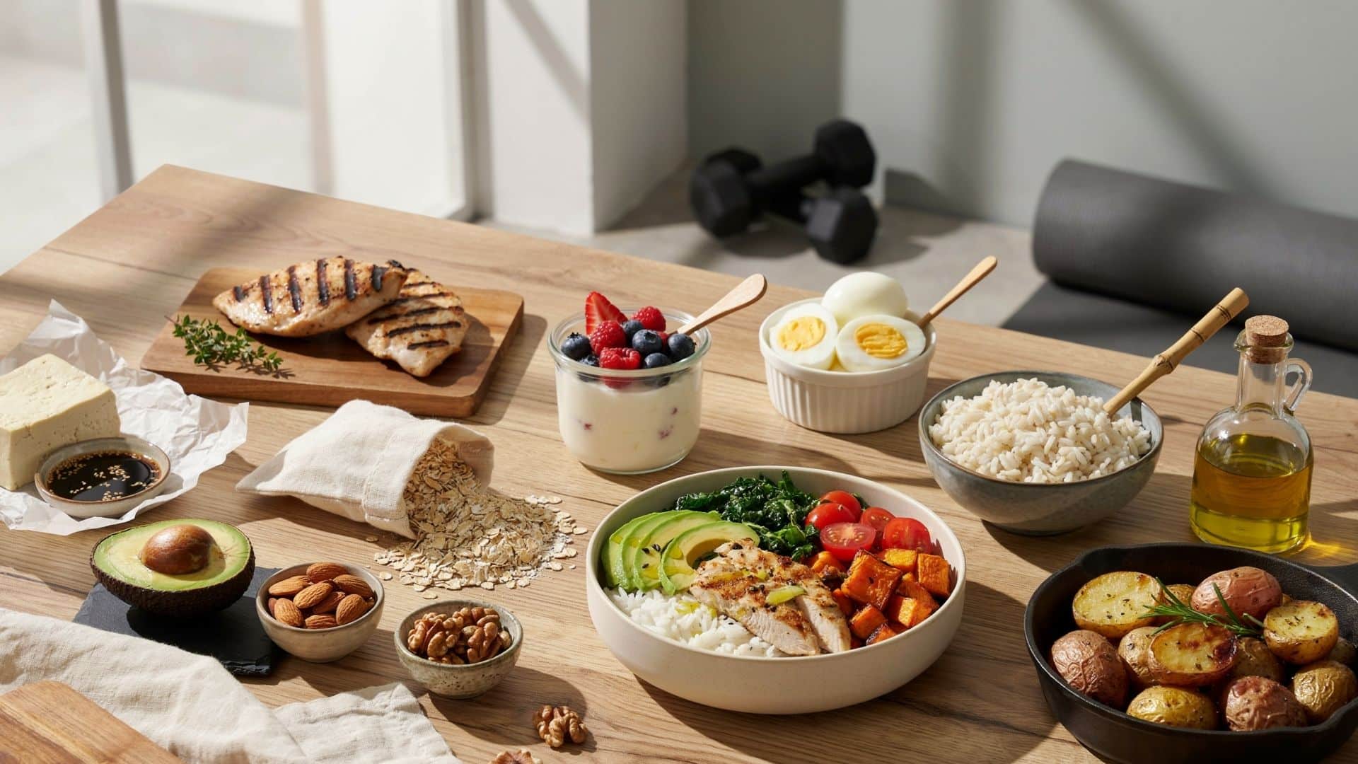 Protein-rich foods, rice, oats, potatoes, avocado, nuts, and vegetables arranged for glute muscle growth and recovery.