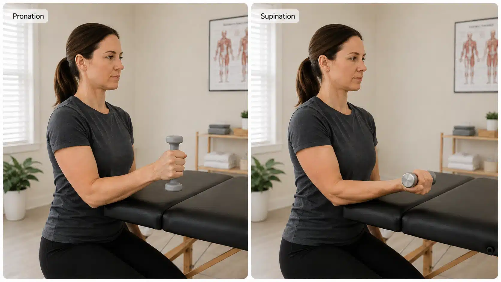 Person rotating forearm with light weight during pronation and supination exercise for elbow rehabilitation.
