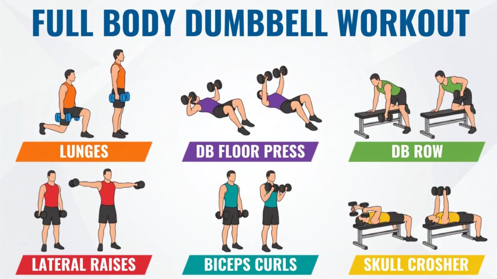 Chart showing full body dumbbell workout exercises including lunges, floor press, row, lateral raises, biceps curls, and skull crushers.