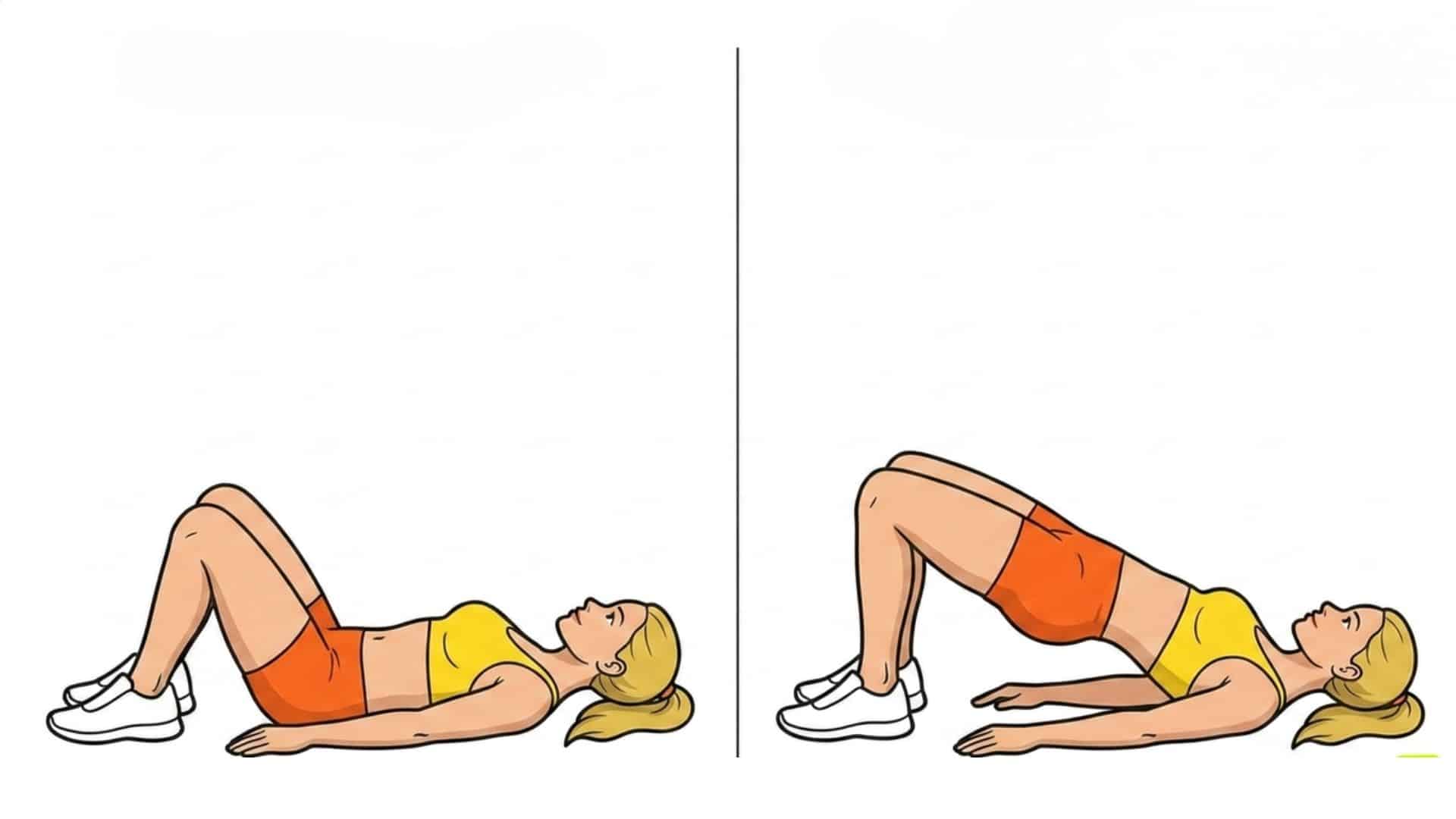 Glute bridge exercise showing starting and raised hip positions