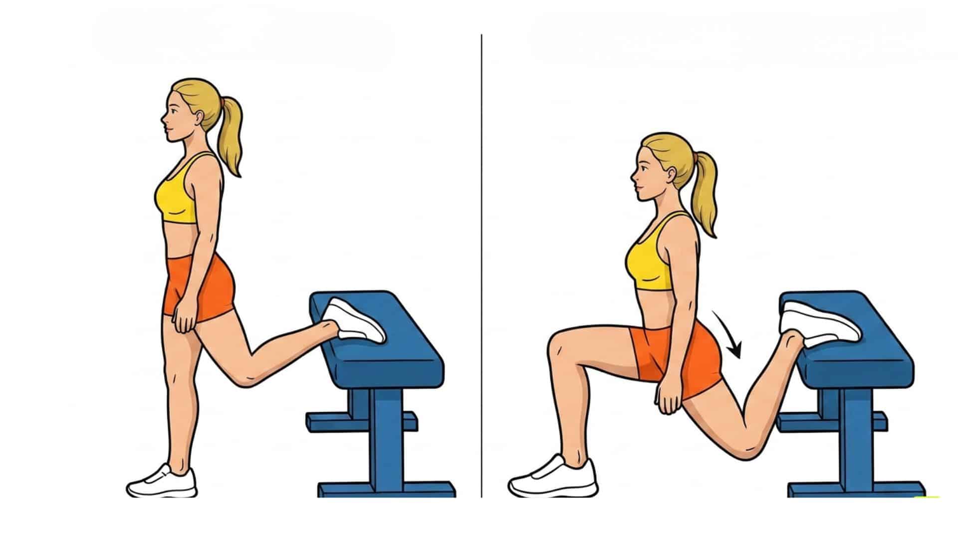 Bulgarian split squat exercise showing elevated rear foot and lunge position