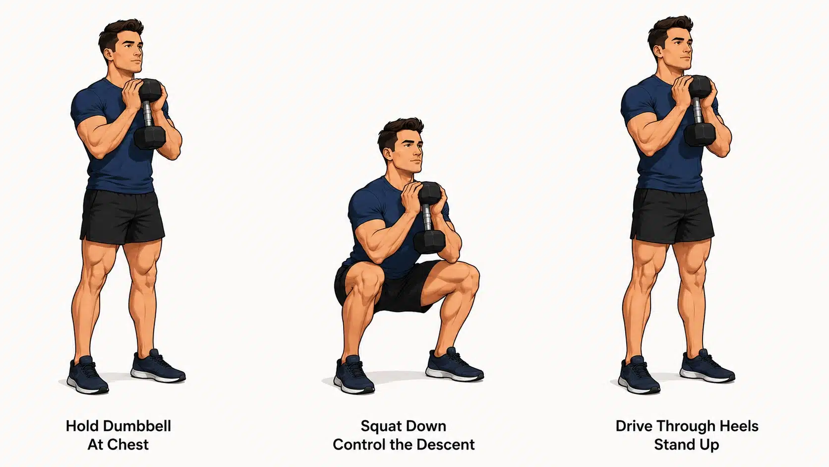 Man performing a goblet squat while holding one dumbbell at chest height with an upright torso.