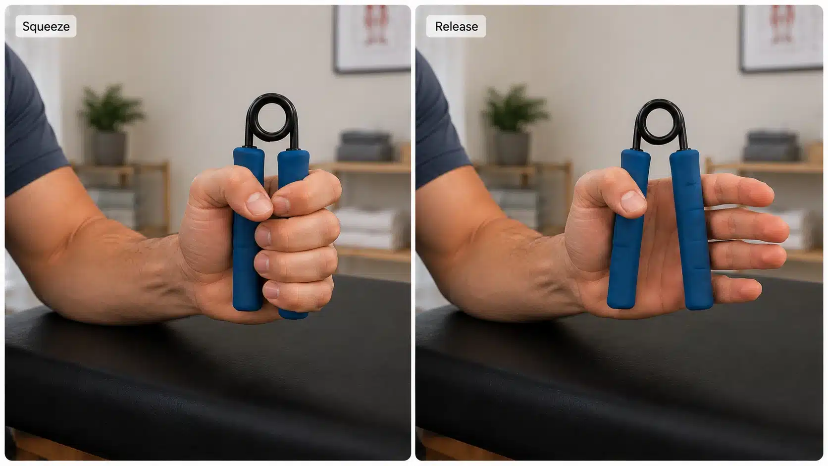 Person squeezing a stress reliver to strengthen grip during tennis elbow physical therapy exercises.