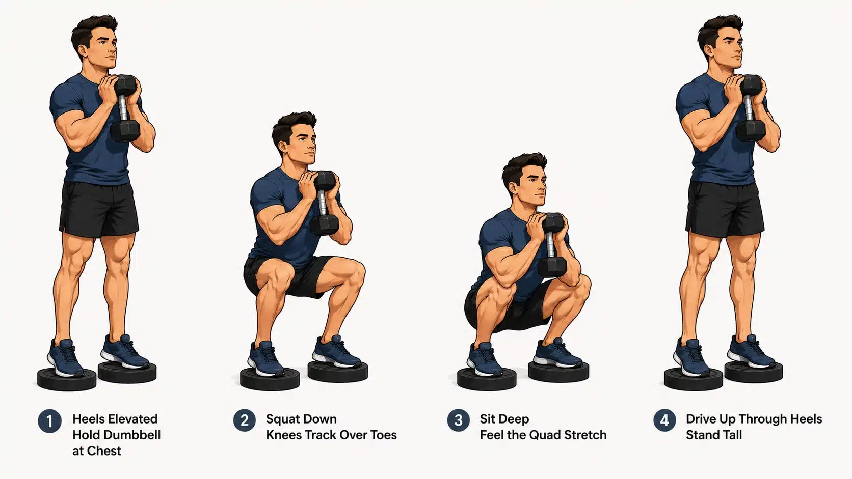 Man doing a heel-elevated goblet squat with heels raised on a wedge and a dumbbell at his chest.