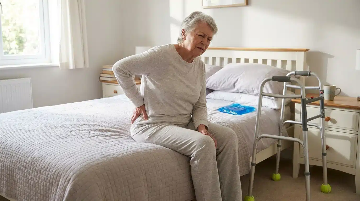 Older adult managing hip soreness after replacement surgery while resting at home.
