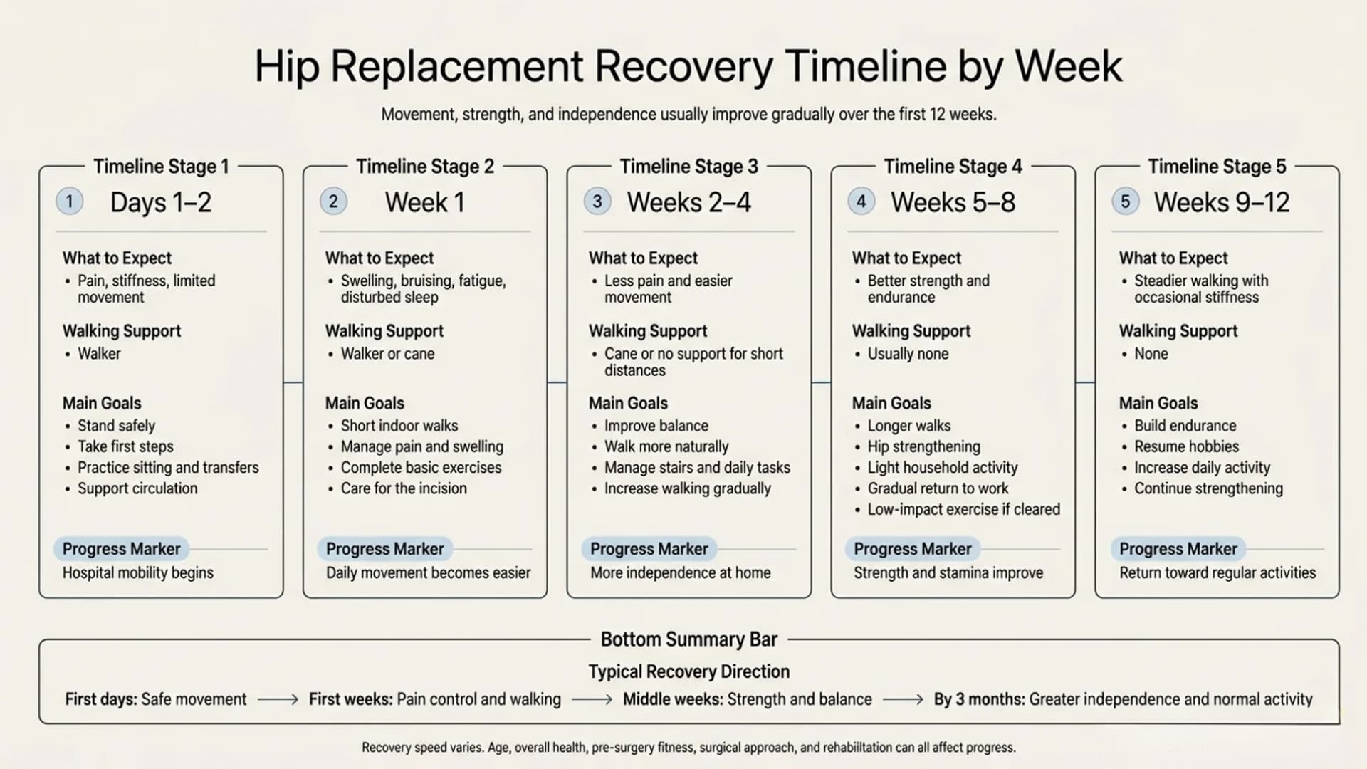 Infographic detailing the hip replacement recovery timeline week by week, from Days 1&ndash;2 through Weeks 9&ndash;12.