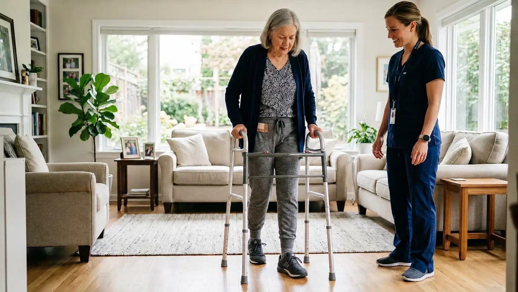 Older adult walking with a walker after hip replacement recovery with physical therapist support at home.