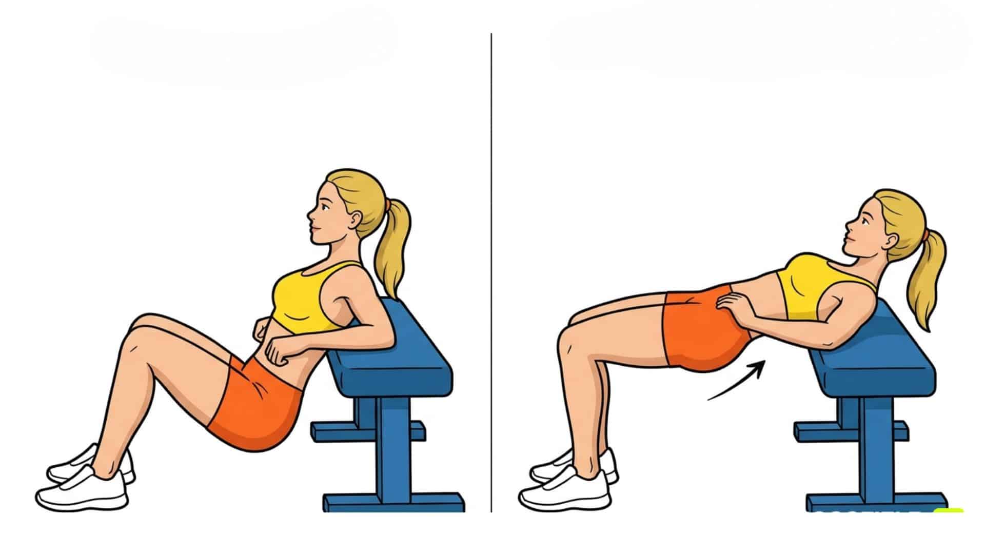 Hip thrust exercise showing bench setup and hip extension movement