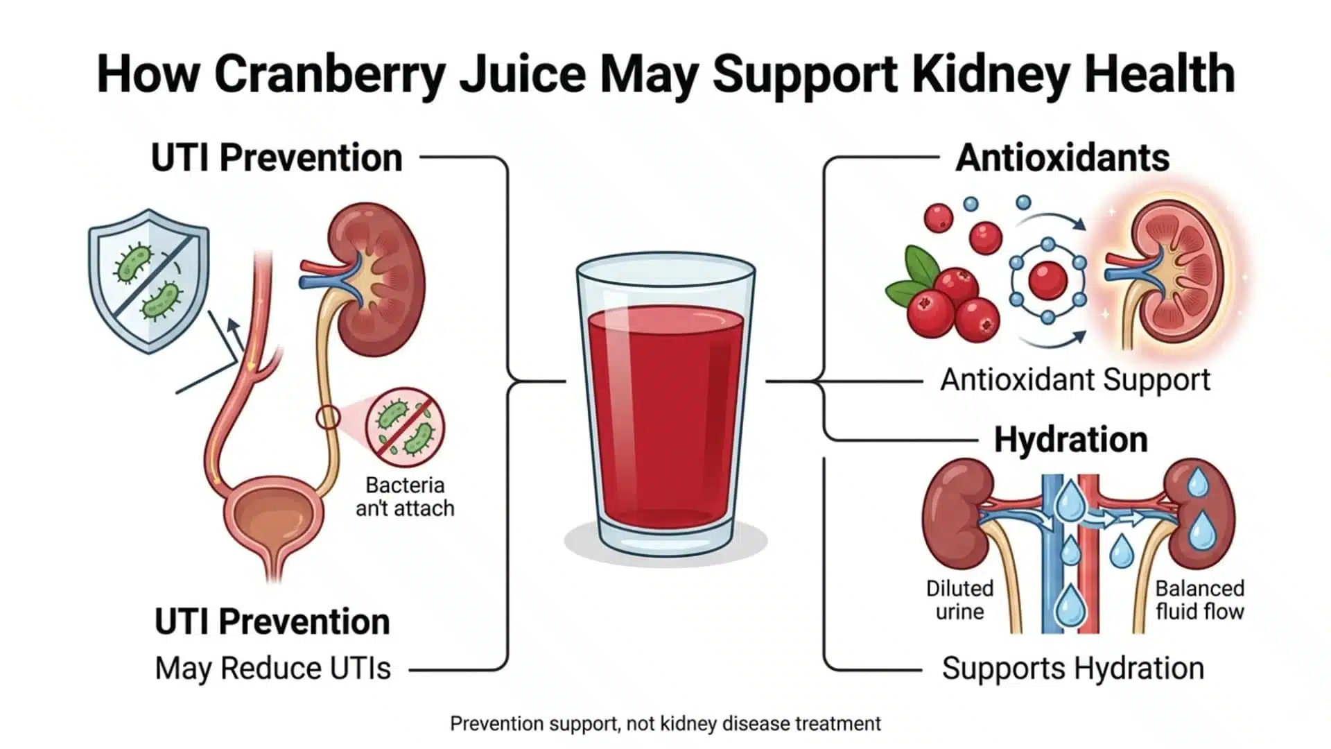 Diagram illustrating how cranberry juice supports kidney health: UTI prevention by blocking bacterial attachment, antioxidant support, and hydration via diluted urine.