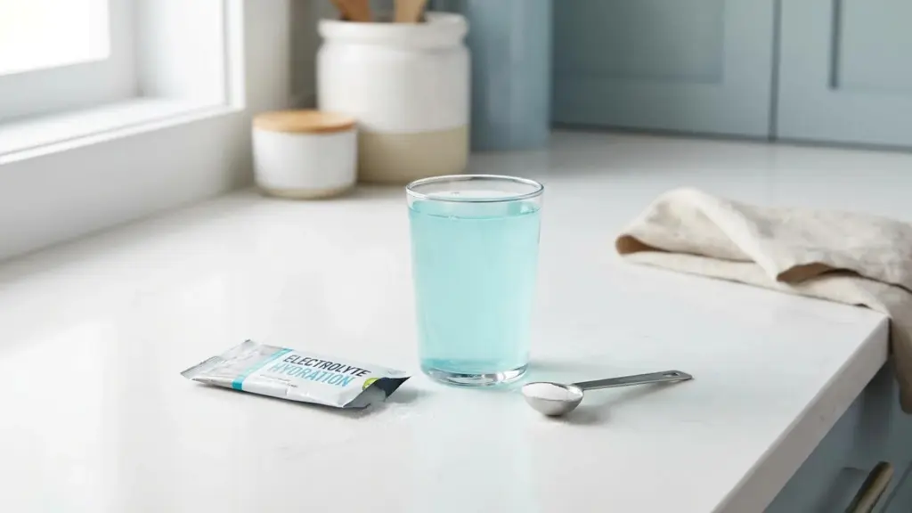 An electrolyte drink powder packet labeled "Electrolyte Hydration" next to a measuring spoon filled with powder and a glass of light blue liquid.