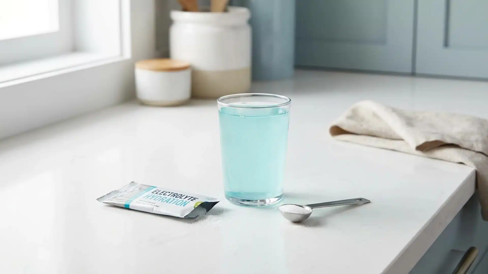 An electrolyte drink powder packet labeled "Electrolyte Hydration" next to a measuring spoon filled with powder and a glass of light blue liquid.